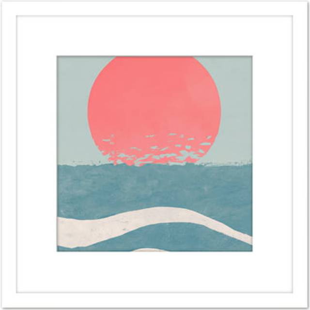 Japan Inspired Ocean Sunset Sunrise Seascape Abstract Pastel Painting Square Wooden Framed Wall Art Print Picture 8X8 Inch - White - One Size