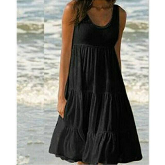 (Black, 5XL UK SIZE 24) Womens Summer Smock Dress Ladies Holiday Beach Casual Loose Frill Mini Sundress