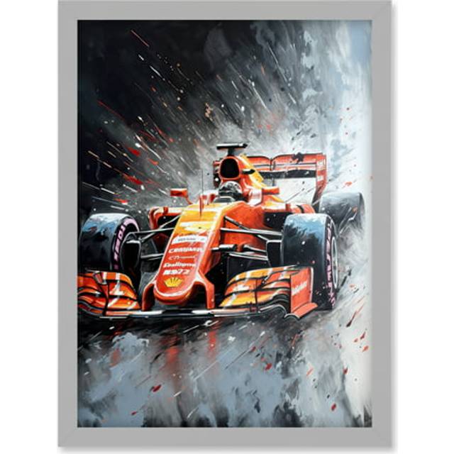 Race Car and Driver Grand Prix Orange and Grey Artwork Framed Wall Art Print A4 - One Size