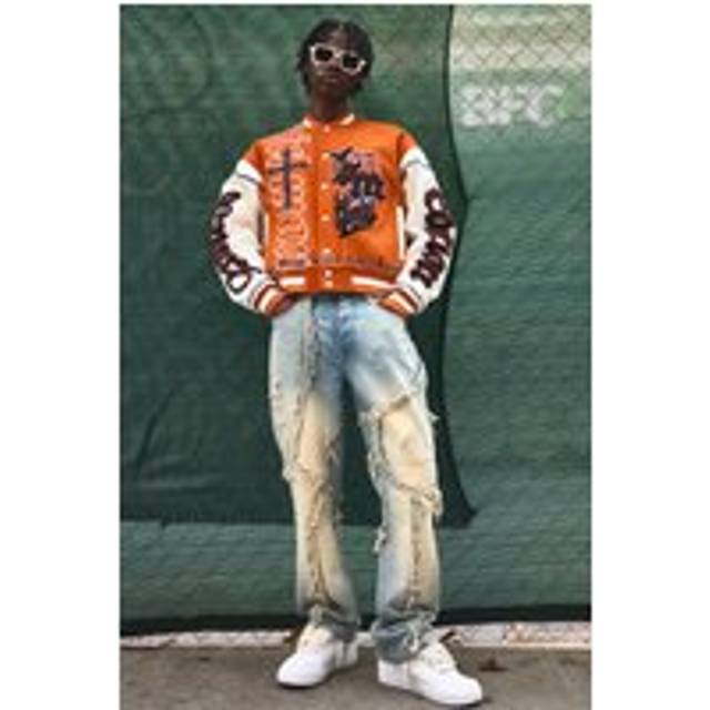 Mens Light Blue Slim Flared Patchwork Distressed Bleached Jeans