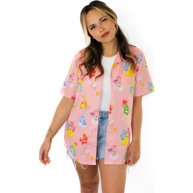 Cakeworthy Adult Care Bears Camp Collar Button Up Shirt | Care Bears Apparel - Green&#47;Pink&#47;Yellow (XL)