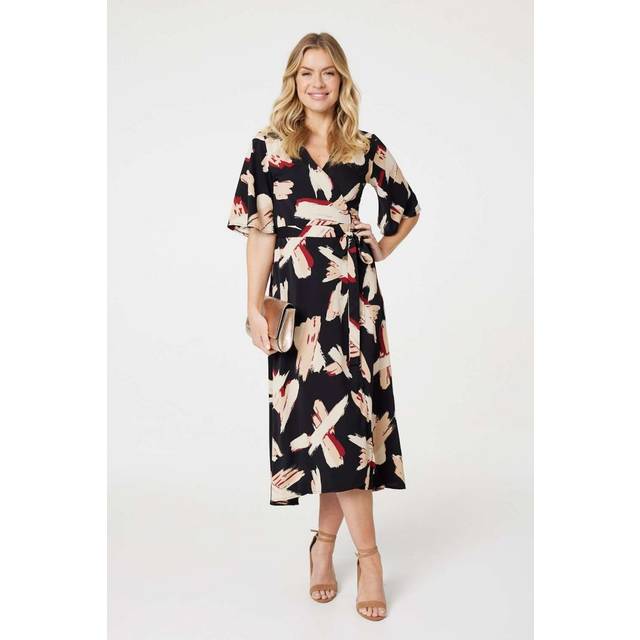 Izabel London Printed 1/2 Sleeve Midi Wrap Dress In Black - 8