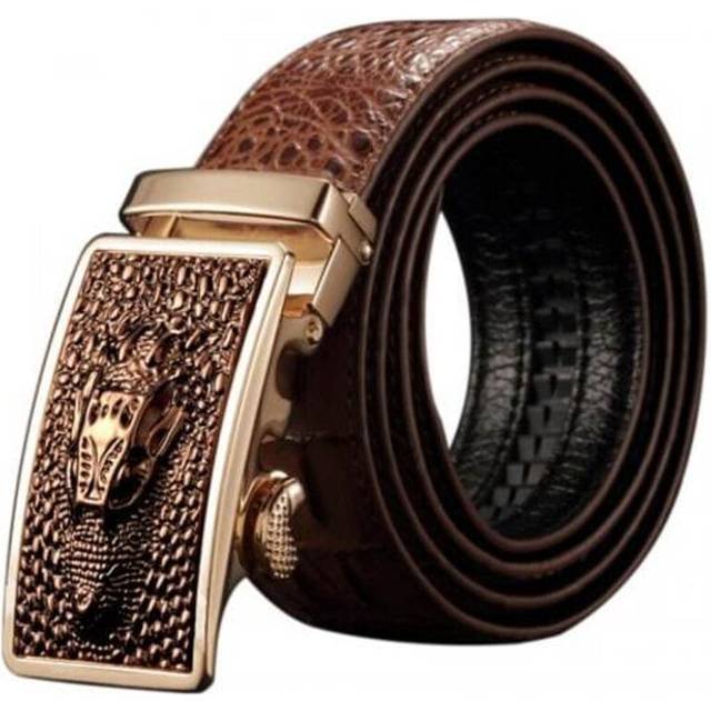Personalized Dragon Head Pattern Men's Cowhide Leather Belt With Crocodile Automatic Buckle Camel Brown 120Cm Belts