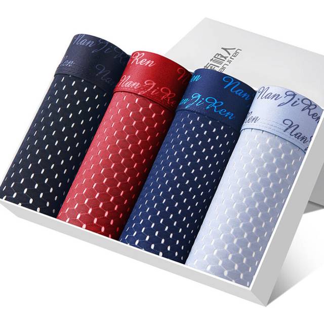 (Red White, M) 4 Pieces Mens Mesh Ice Silk Breathable Underwear