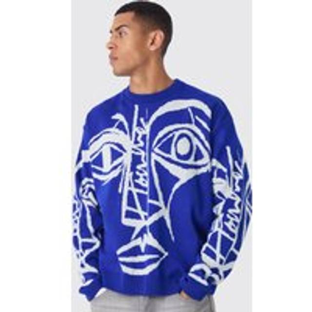 Mens Cobalt Oversized Boxy Abstract Line Face Knitted Jumper