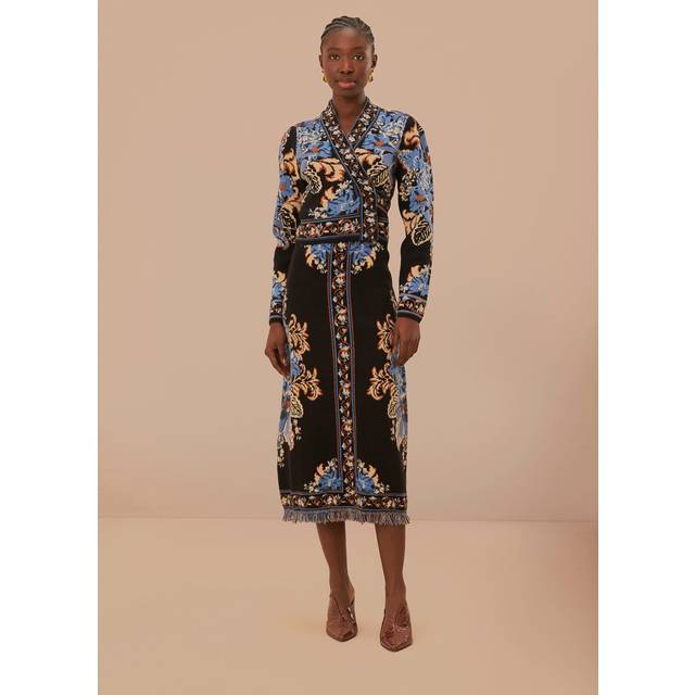 Black Blossom Tapestry Knit Wrap Blouse, BLOSSOM TAPESTRY BLACK / XS