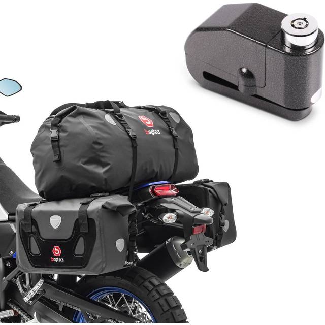 Set: Satteltaschen mit Hecktasche RB25 + XF80 Drybag Vol. 130L + Bremsscheibenschloss Alarm 110dB BS-Motoparts Diebstahlschutz schwarz