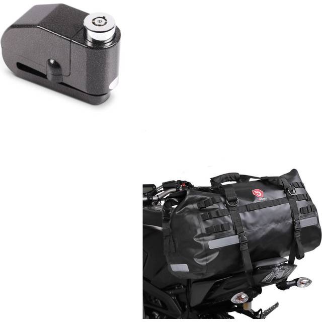 Set: Hecktasche Drybag XB50 Wasserdicht Volumen 50l + Bremsscheibenschloss Alarm 110dB BS-Motoparts Diebstahlschutz schwarz