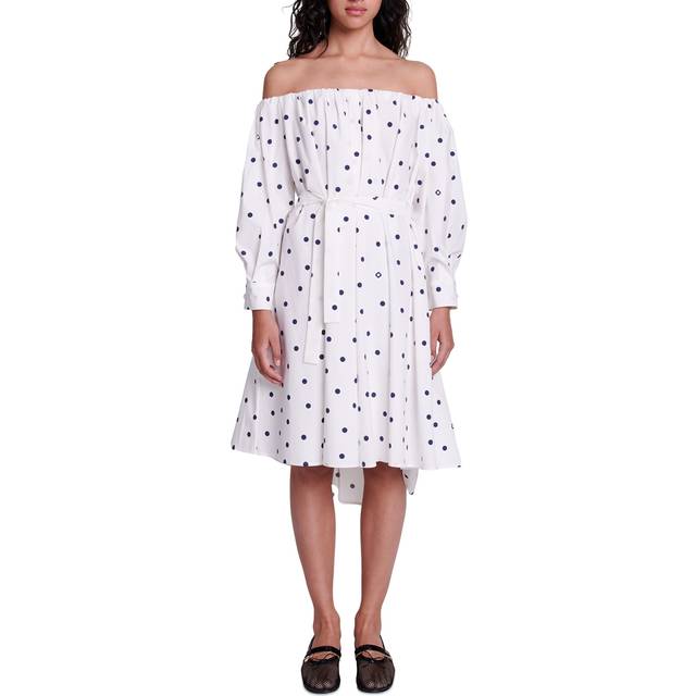 Maje Womens Blanc Polka-dot Off-shoulder Cotton Midi Dress 6 - BLANC