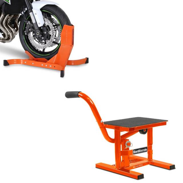 Set: Motorradwippe Easy-Plus Motorradständer bis 21 Zoll orange + Mechanischer Enduro Motorradständer Cross-Lift M bis 160kg orange