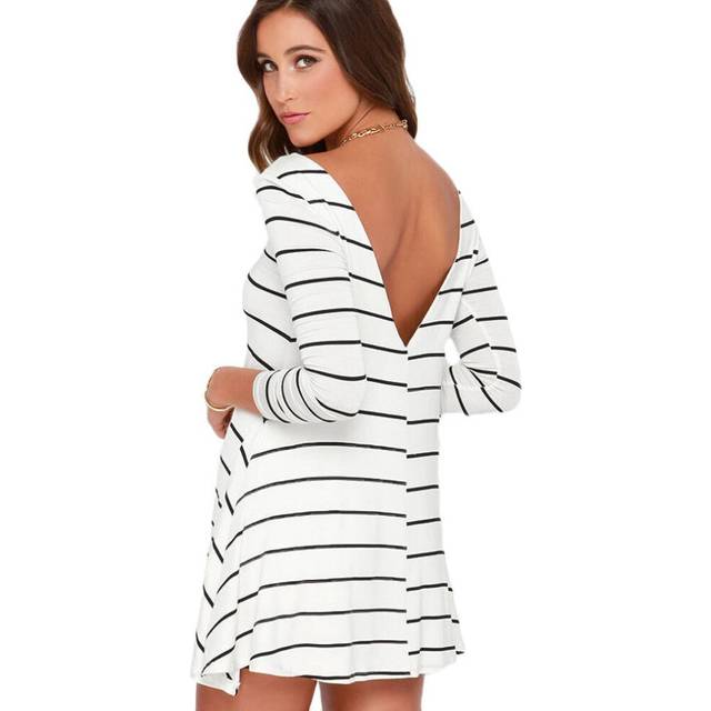 (White, L) Chic Women Striped Contrast Round Neck V Backless Long Sleeve Skater Dress
