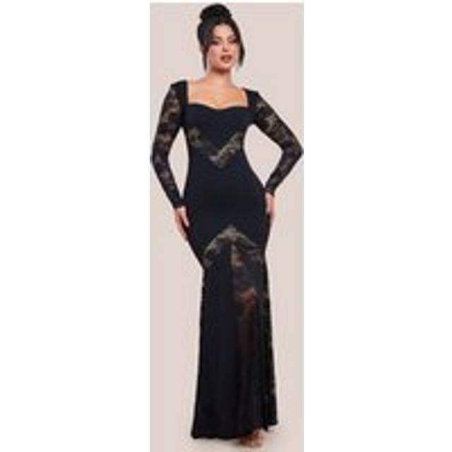 Goddiva Scuba & Lace Long Sleeve Maxi Dress - Black - 8