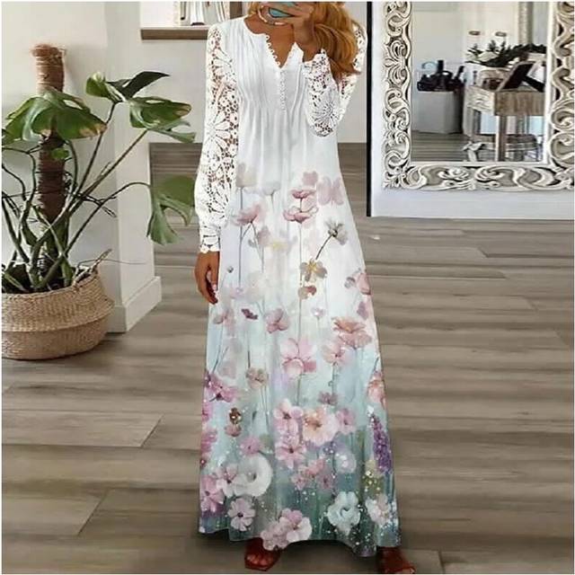 (Pink Purple, Tag Size 4XL=UK Size 20) Plus Size Women Lace Long Sleeve Maxi Dress Ladies Floral V Neck Party Sundress