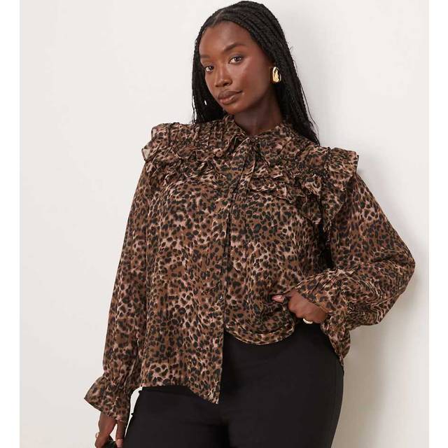 New Look Women's Plus Size Brown Leopard Print Frill Trim Chiffon Blouse Curves - UK 22