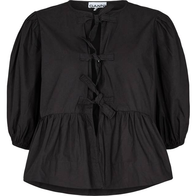 Ganni Womens Black Puff-sleeve Peplum-hem Organic-cotton Blouse 6 - BLACK
