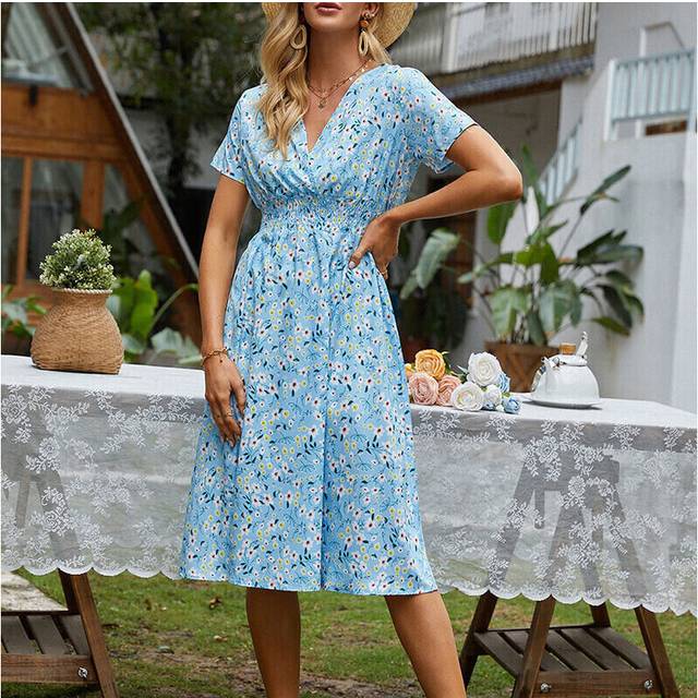 (Light blue, L) Ladies Long Dresses Short Sleeve Midi Dress Women Casual V Neck Party