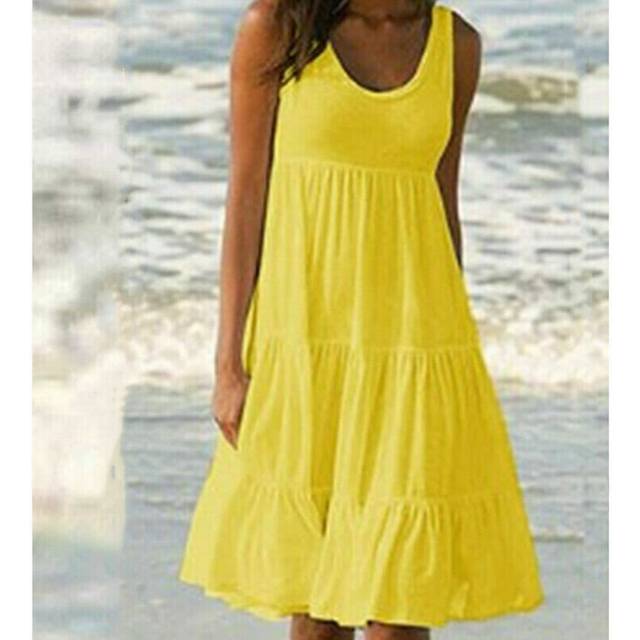 (Yellow, 3XL UK SIZE 20) Womens Summer Smock Dress Ladies Holiday Beach Casual Loose Frill Mini Sundress