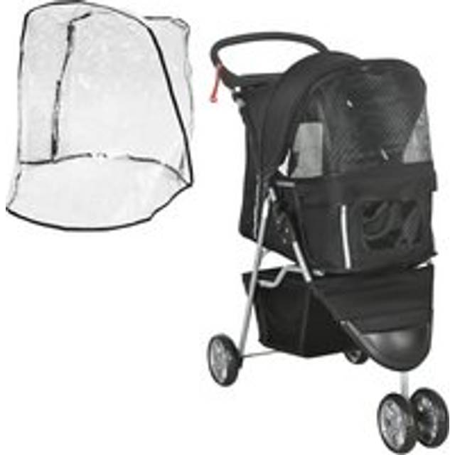 Pawhut Pet Travel Stroller With Rain Cover, 3 Wheels Foldable Cat Dog Pushchair With Storage Basket And Cupholder For Small Miniature Dogs(black)