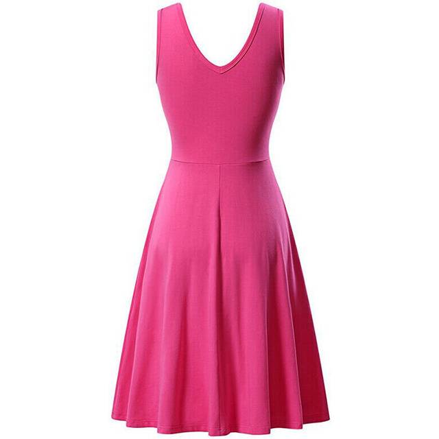 (Rose Red, Tag Size 3XL=UK Size 16) Womens Sleeveless Solid Vest Swing Dress Ladies Casual Slim Fit Beach Sundress