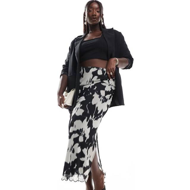New Look Women's Plus Size Blurred Floral Stretch Mesh Midi Skirt Curves - UK 20