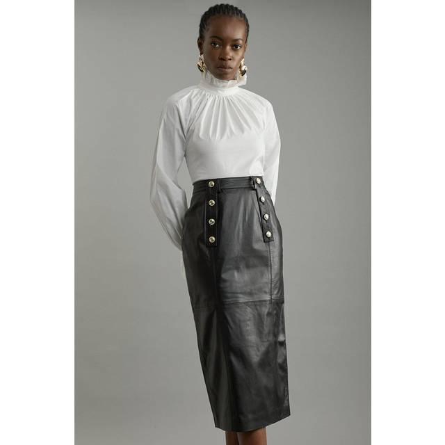 Leather Military Button Pencil Midi Skirt - Black
