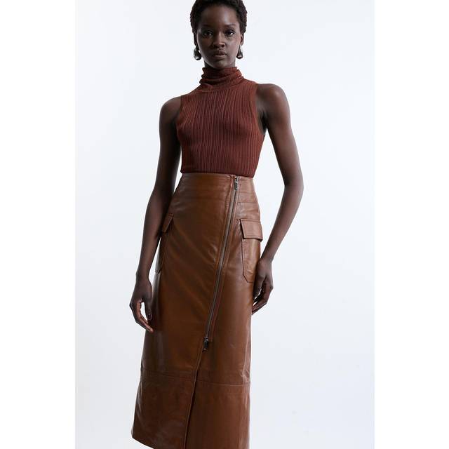 Leather Utility Pocket A Line Zip Through Midi Skirt - Tan