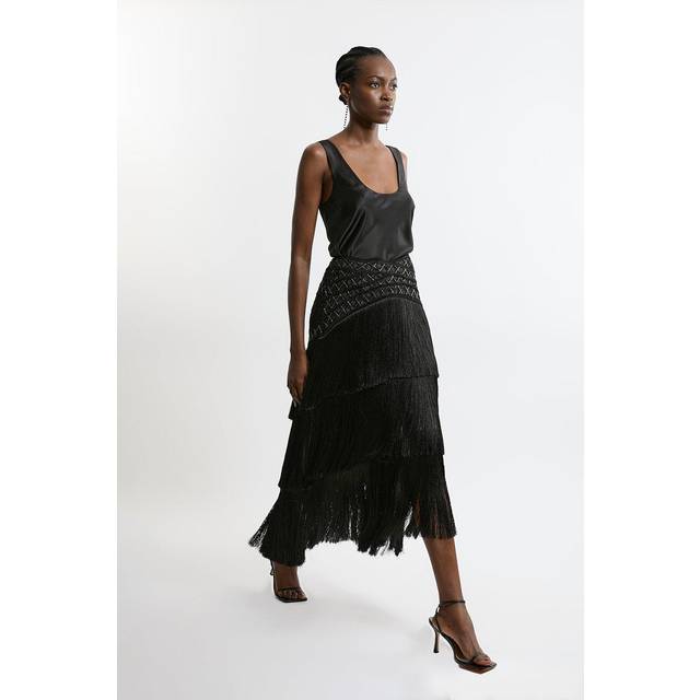 Fringe And Beaded Woven Skirt - Black