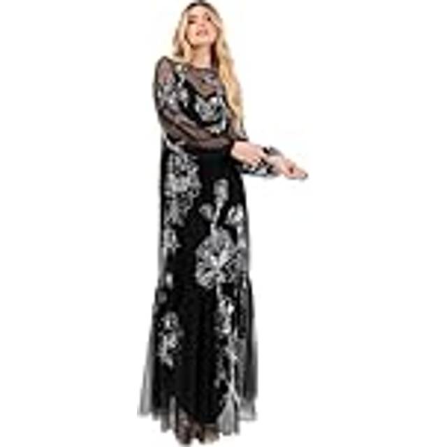 Floral Embellished Long Sleeve Maxi Dress - Black - 24