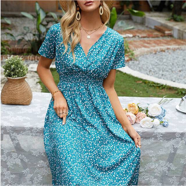 (Blackish green, S) Ladies Long Dresses Short Sleeve Midi Dress Women Casual V Neck Party