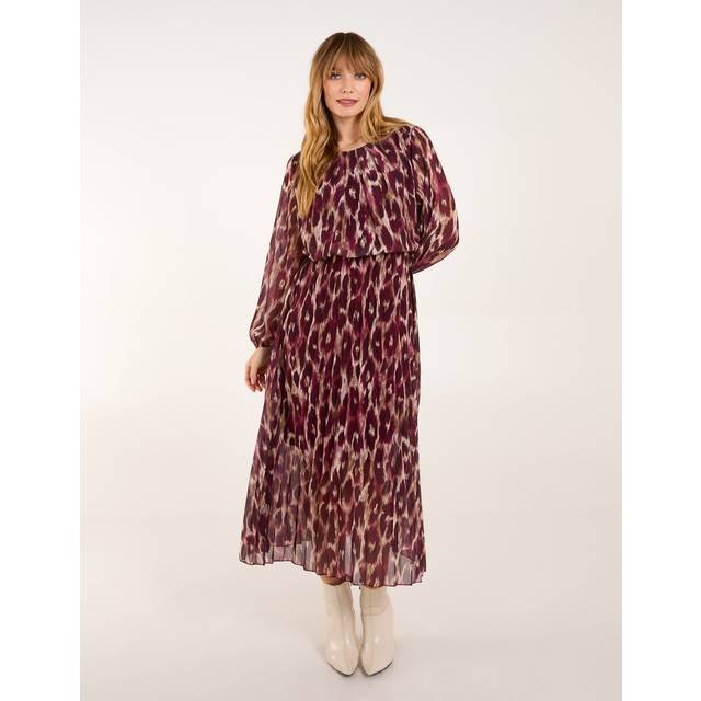 Blue vanilla womens round neck pleated abstract leopard dress