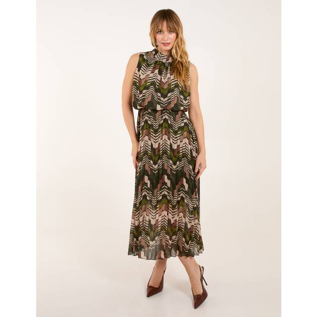 Blue Vanilla Women's Khaki Geometric High Neck Sleeveless Midi Dress New Look - L