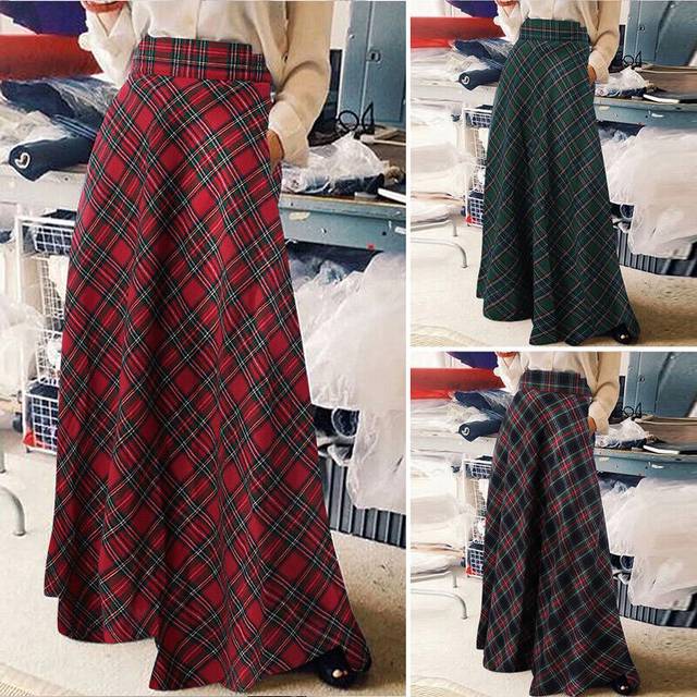 Uk women check plaid high waist long skirts back zipper pockets maxi skirt 8-24