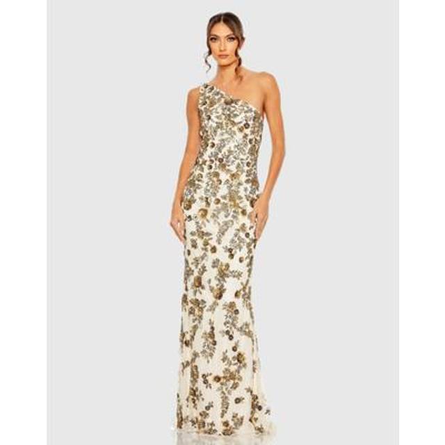 Mac Duggal Floral Beaded One-Shoulder Gown