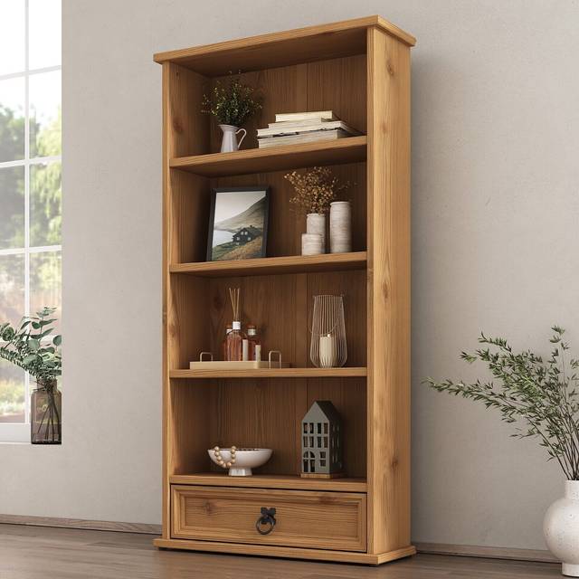Corona dvd rack 1 drawer bookcase storage - mexican solid pine, waxed distressed
