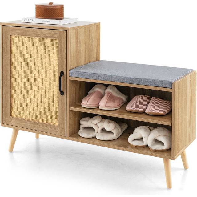 Rattan Shoe Cabinet 2-In-1 Shoe Storage Bench Shoe Rack Cabinet - Natural Wood (12)