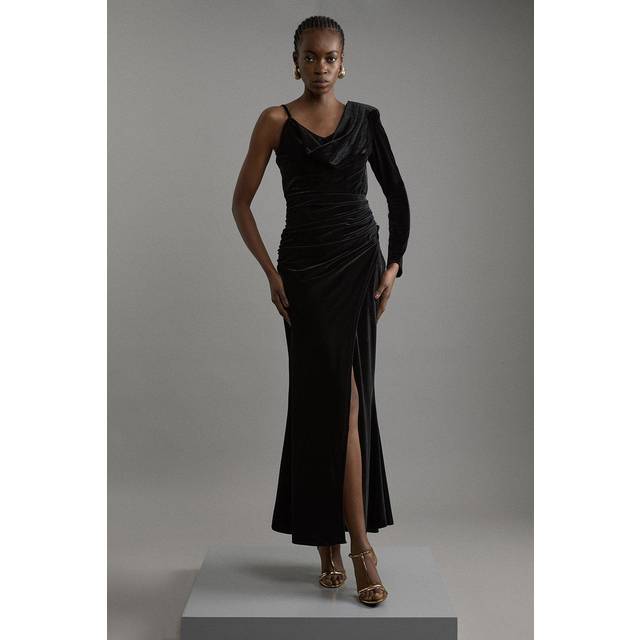Velvet Asymmetric One Shoulder Tailored Maxi Dress - Black