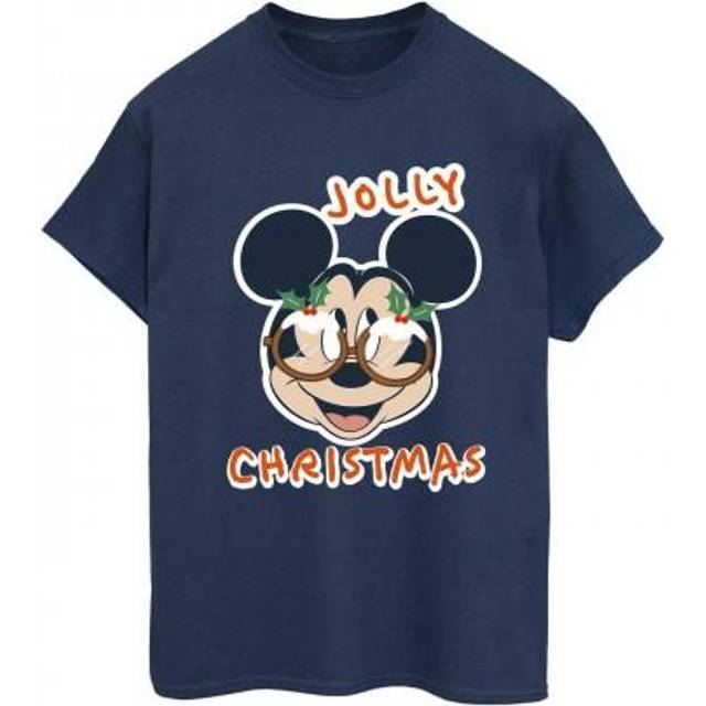 Mickey Mouse Jolly Christmas Glasses Cotton Boyfriend T-Shirt - White - XXL