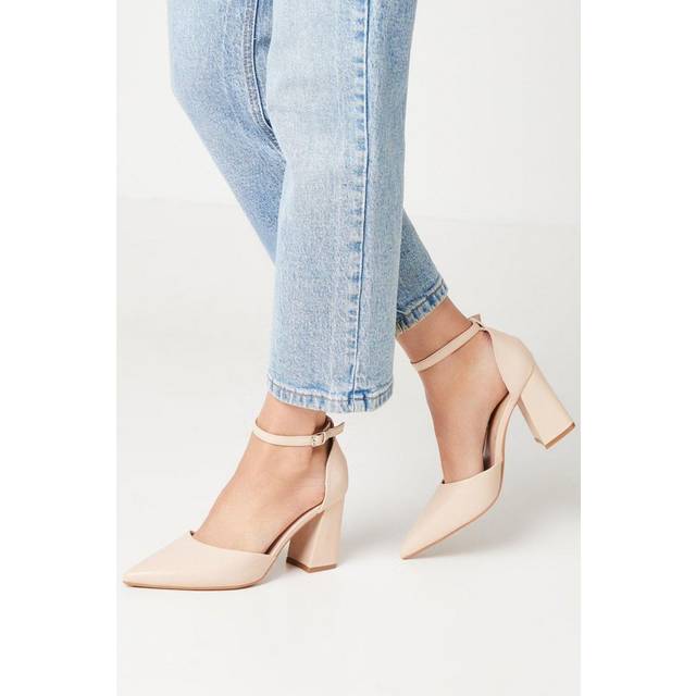 Womens Blanche Ankle Strap Pointed High Block Heel Court Shoes - Beige - 5