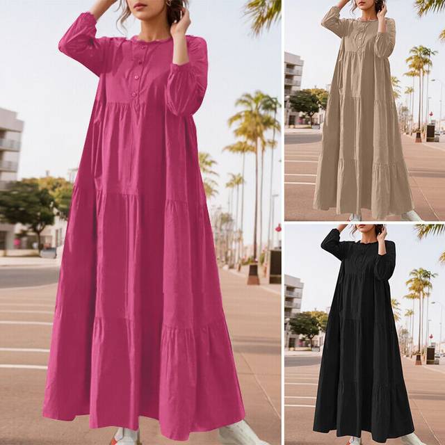 Zanzea womens o-neck button long sleeve casual loose layered long dress kaftan