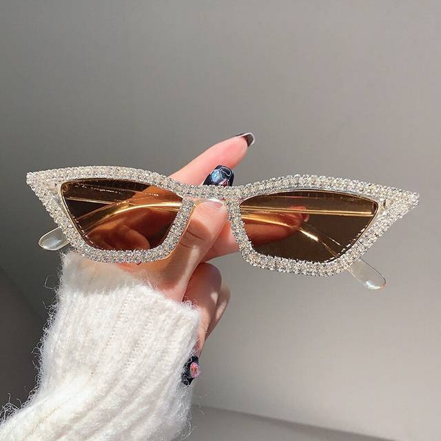 (tea, 1 pair) Retro Disco Full Rhinestones Cat Eye Sunglasses Vintage Triangle Frame Personality Party Sunglasses Sun Shade Eyewear