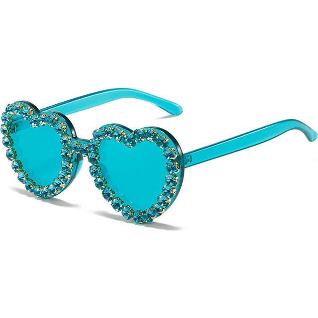 (Blue, As Picture Show) Vintage Pink Heart Diamond Sunglasses for Women New Luxury Brand Diamond Sun Glasses Ladies Retro Hip Hop Cool Eyewear