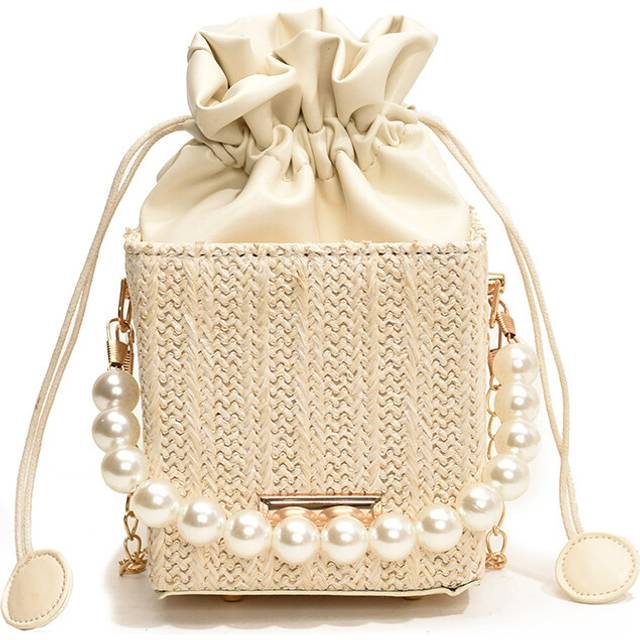 (White) Chic Stylish Small Square Shoulder Bag With Pearl And Woven Design For 2024