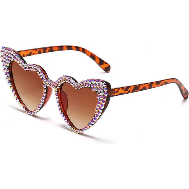 (Leopard Tea, only glasses) Women Luxury Diamond Frame Heart Shape Sunglasses Large Anti UV400 Sun Glasses for Ladies 2023 New Year Party Eyewear