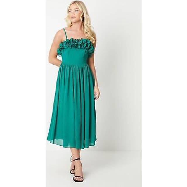 Debut london womens midi dress green elegant pleated skirt adjustable straps