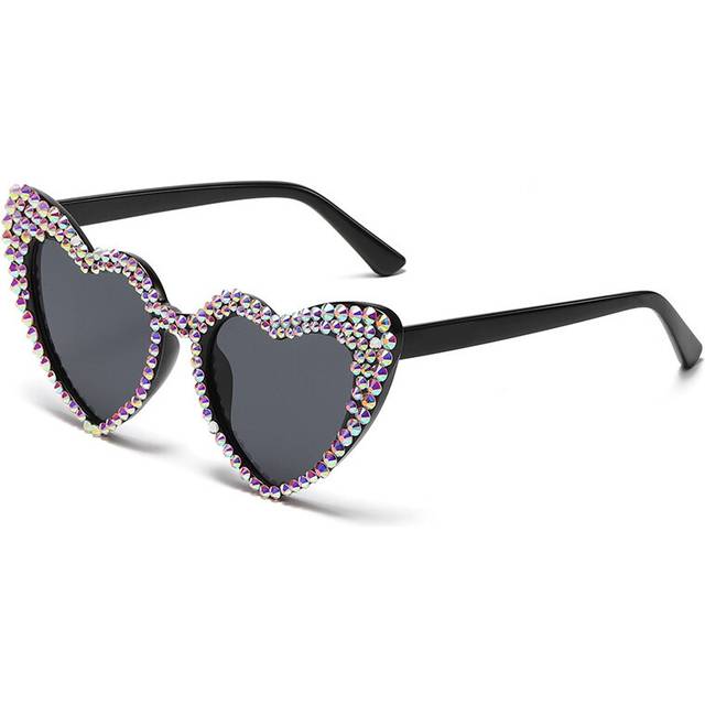 (Black, only glasses) Women Luxury Diamond Frame Heart Shape Sunglasses Large Anti UV400 Sun Glasses for Ladies 2023 New Year Party Eyewear