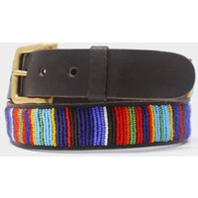 Vertical Full Beaded Stripe Leather Belt | Multi on Coffee Leather - Brown
