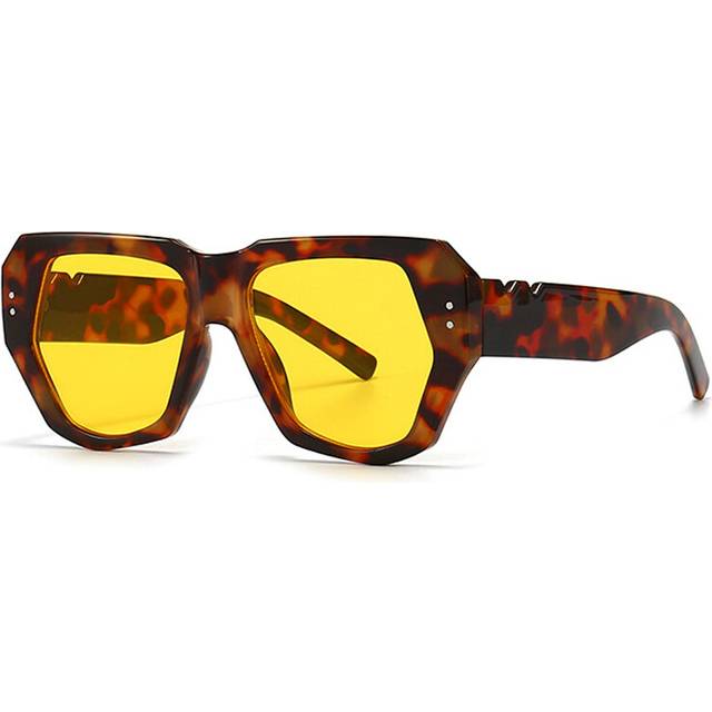 (Leopard yellow, As the picture) Retro Polygon Cat Eye Women Sunglasses Brand Designer Gradient Shades UV400 Men Trending Rivets Sun Glasses