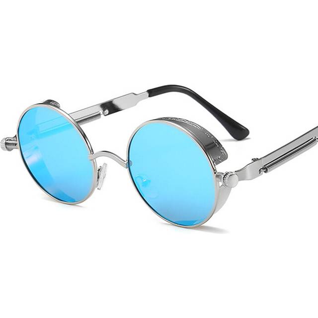 (Silver Blue) Classic Gothic Sunglasses Woman Brand Designer Vintage Round Metal Frame Sun Glasses Female Male High Quality UV400