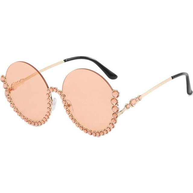 (champagne, without case) Y2k Round Sunglasses Stylish Vintage Semi-rimless Women Shades with Rhinestones Ins Trendy Gradient Ocean Lenses Eyewear