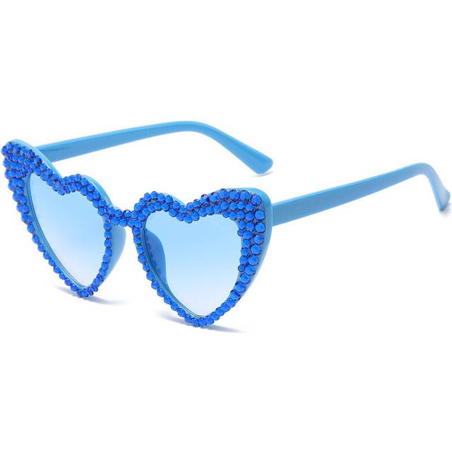 (Blue, only glasses) Women Luxury Diamond Frame Heart Shape Sunglasses Large Anti UV400 Sun Glasses for Ladies 2023 New Year Party Eyewear